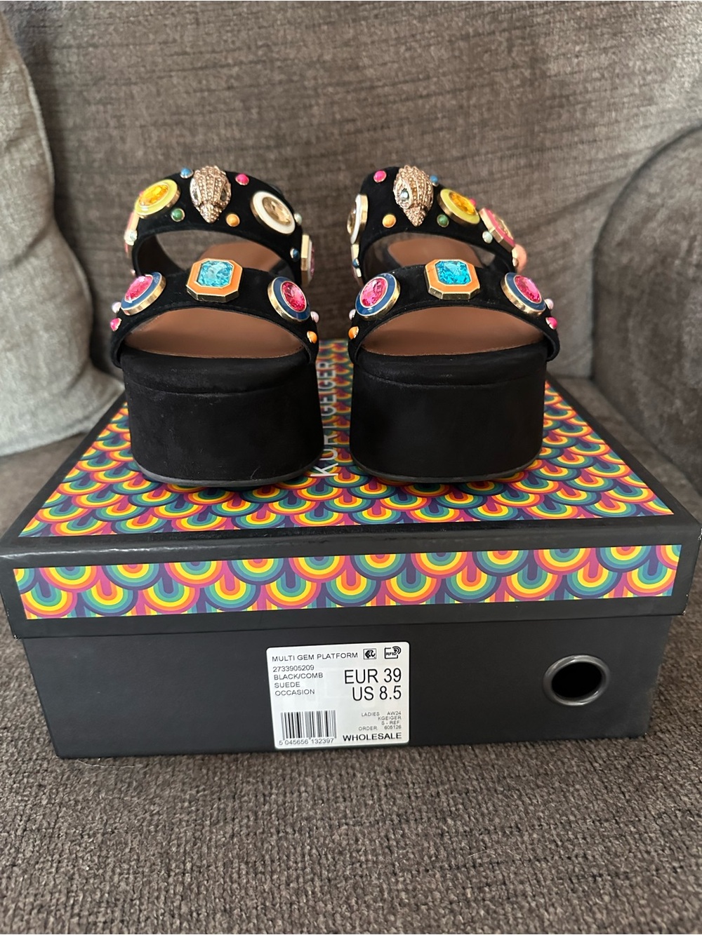 Kurt Geiger Black Velvet Jeweled Platform Sandals - Picture 4 of 8